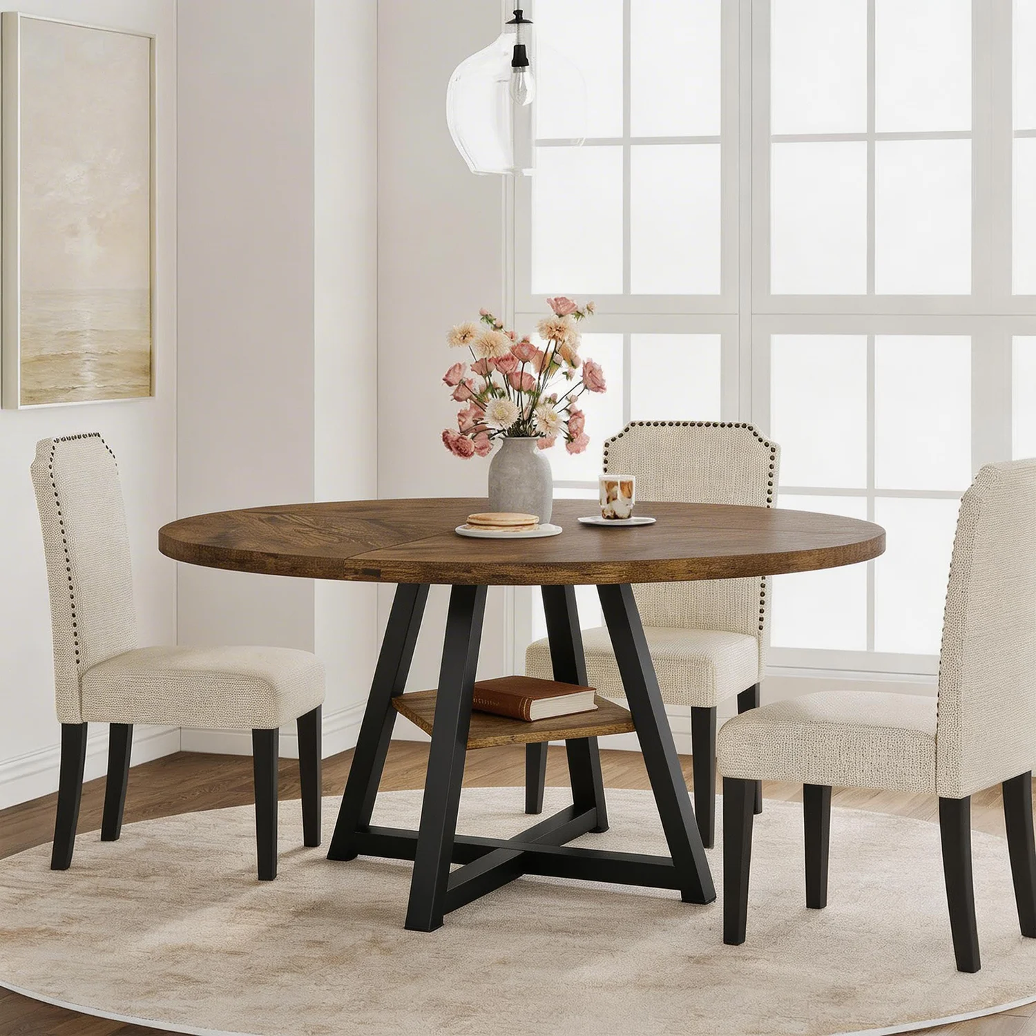 47.2 Inch Round Dining Table For 4-6, Industrial Kitchen Table With Metal Cross Base, Storage Shelf, Wood Top For Dining Room