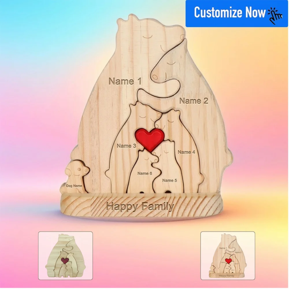 

Animal Family Ornaments DIY Wood Carving Free Engraving Custom Name Figurines Home Bear Puzzle Home Deco Customized Gift