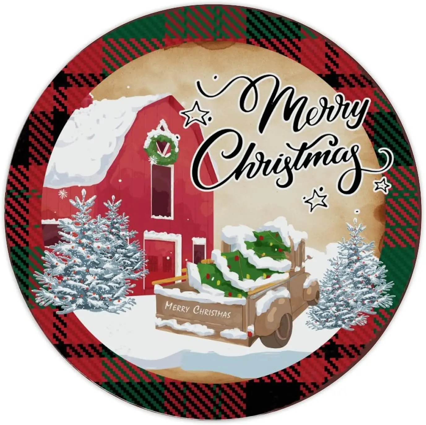 Merry Christmas Sign Red and Black Buffalo Plaid Tin Sign Christmas Truck Farm Farmhouse Metal Plaque Rust Party Welcome Sign Pa