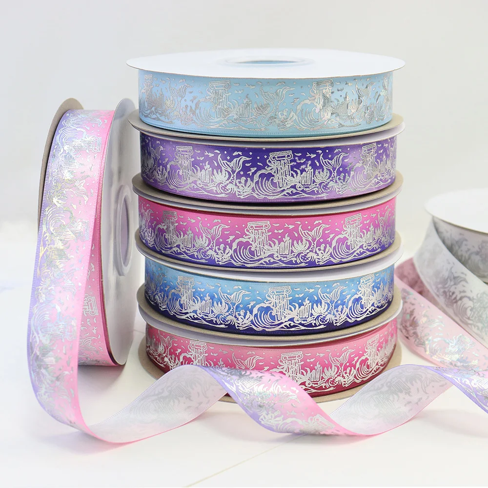 

25mm Silver Mermaid Tail Ocean Wave Satin Ribbon for Under The Sea Party Gift Packaging DIY Hair Bow Sewing Craft Decor Supplies