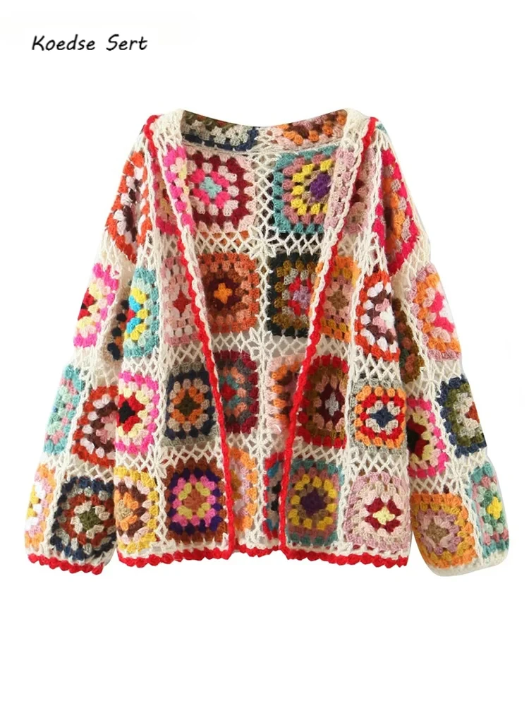 

BOHO Colored Plaid Flower Hand Crochet Hooded Cardigan Ethnic Woman Open Stitching Full Sleeve Sweater Beach Short Jumper