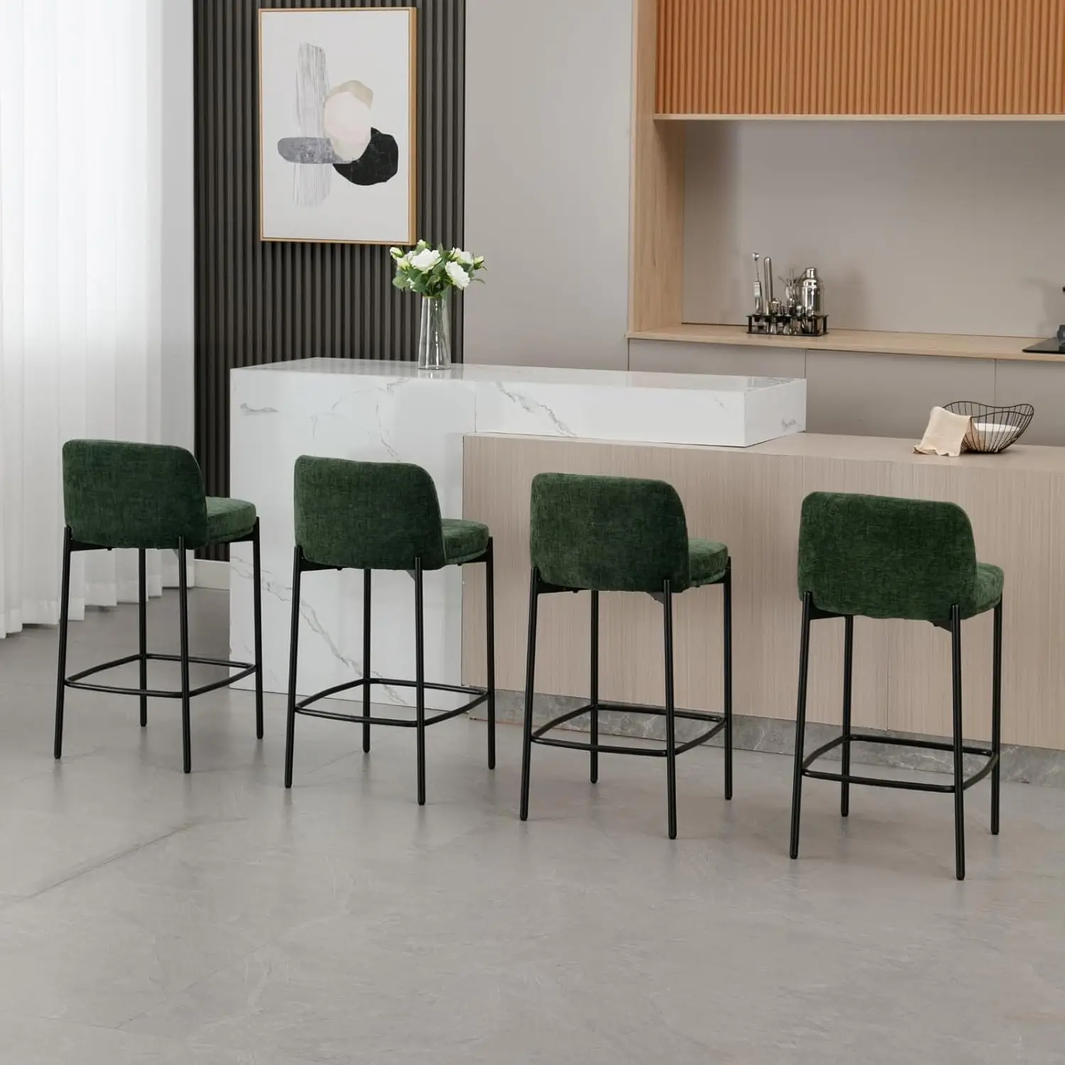 26" moderne Chenille-Thekenhocker, 2er-Set, grün gepolsterte Barhocker in Boucle-Thekenhöhe mit bequemer Rückenlehne, hoher Esszimmerstuhl