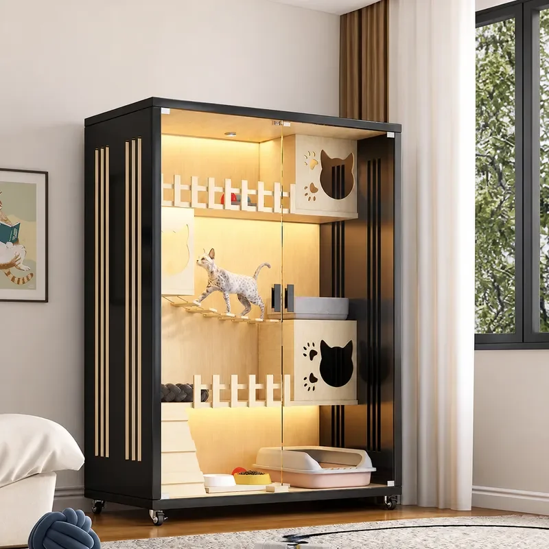 Spacious Wooden Cat House Indoor Cat Villa with Glass Door Multi Level Cat Nest Climbing Frame Pet Furniture