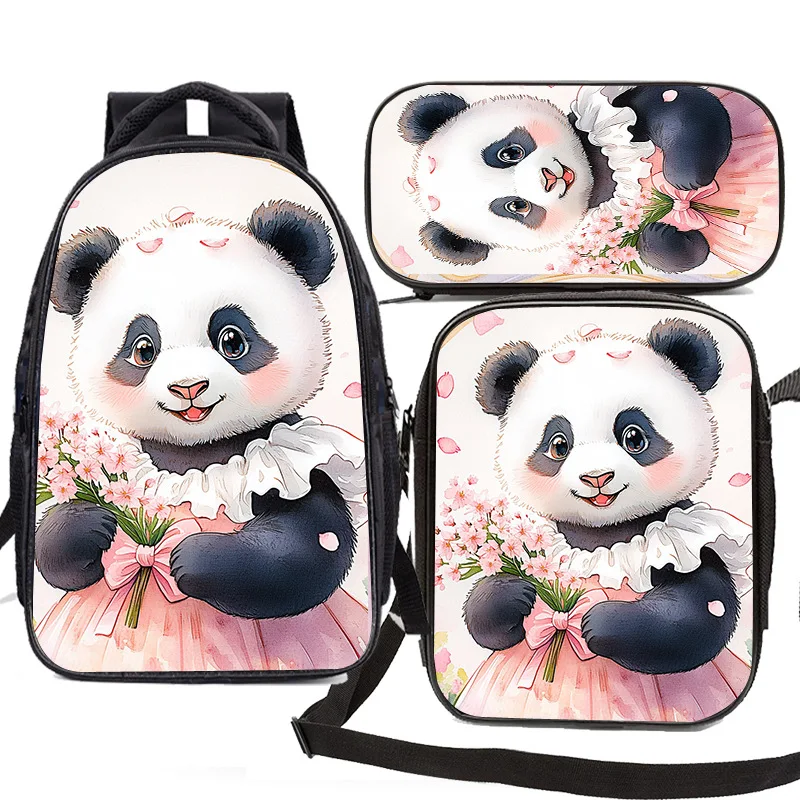 Cartoon Panda backpack, large capacity three piece set, student children's backpack, crossbody bag, pencil case