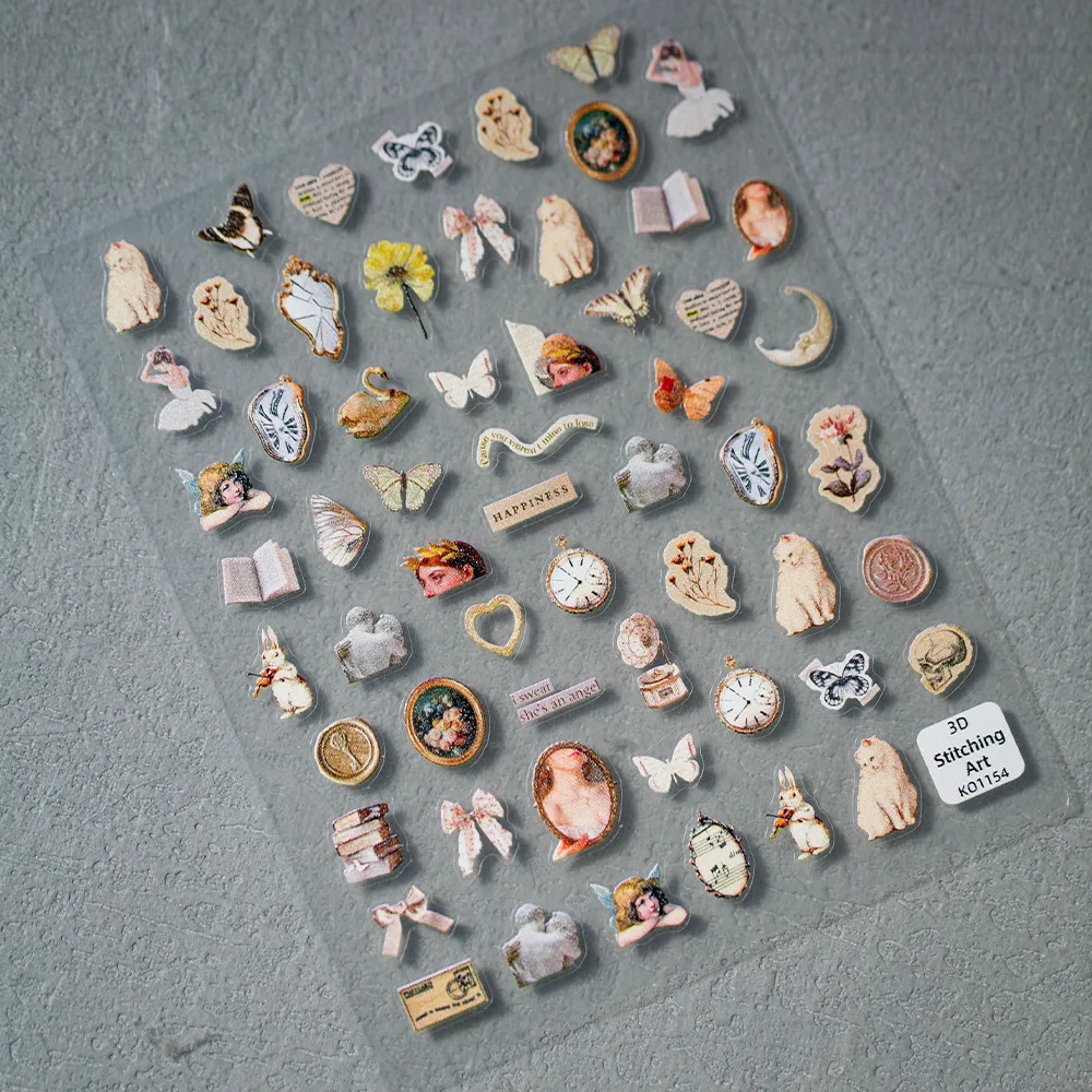 

Vintage Cats Book Nail Stickers 3D Stitching Art with Angel Wings, Golden Gray Designs for DIY Nail Art