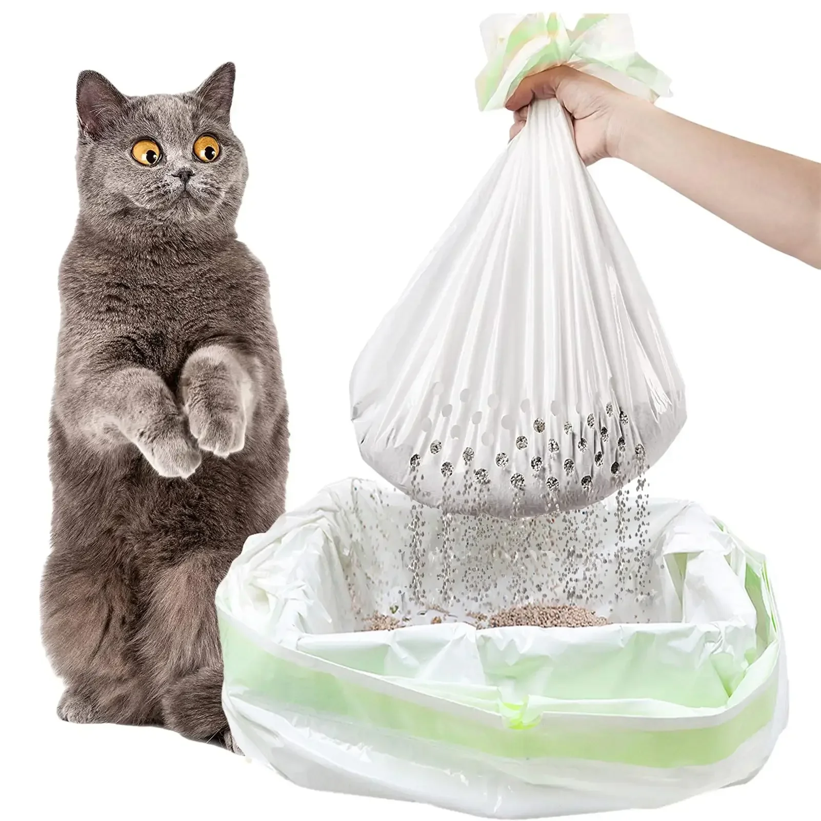 Cat Litter Bag 7Pc/set Thickened Lazy Pet Sand Bag with Filter Hole Large Capacity Drawstring Cat Poop Bag Pet Cleaning Supplies