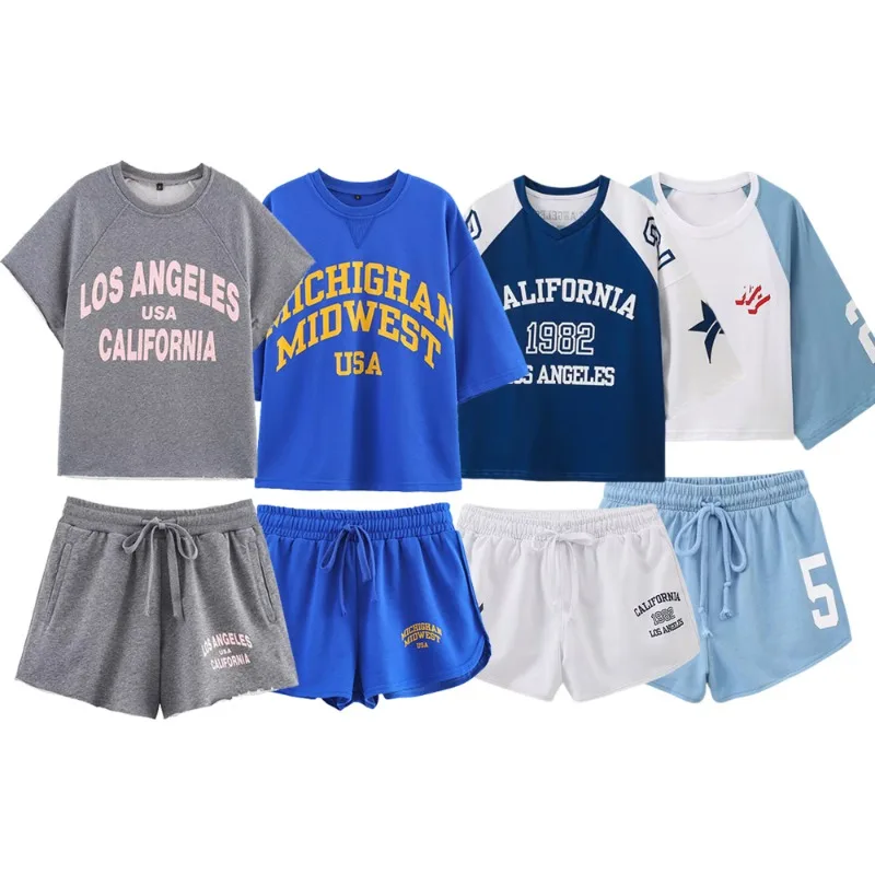 Cotton Short Sets Woman Short Sleeve Printed Y2k Summer Casual Beach Jersey Training New In Matching Two-piece Set