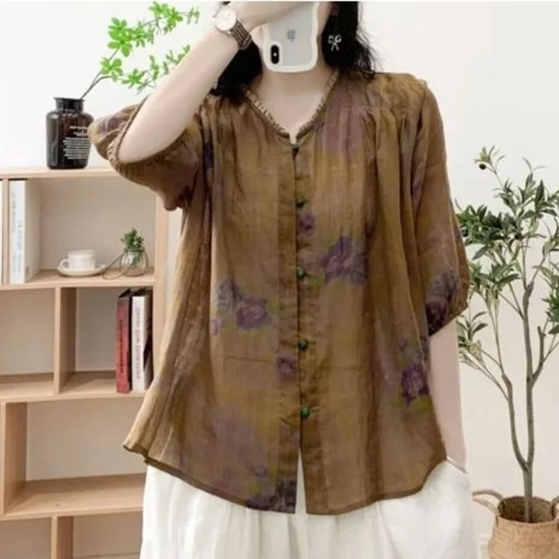 Summer New Vintage Printing Edible Tree Fungus Round Neck Shirt Women Single Breasted Three Quarter Elegant All-match Cardigan