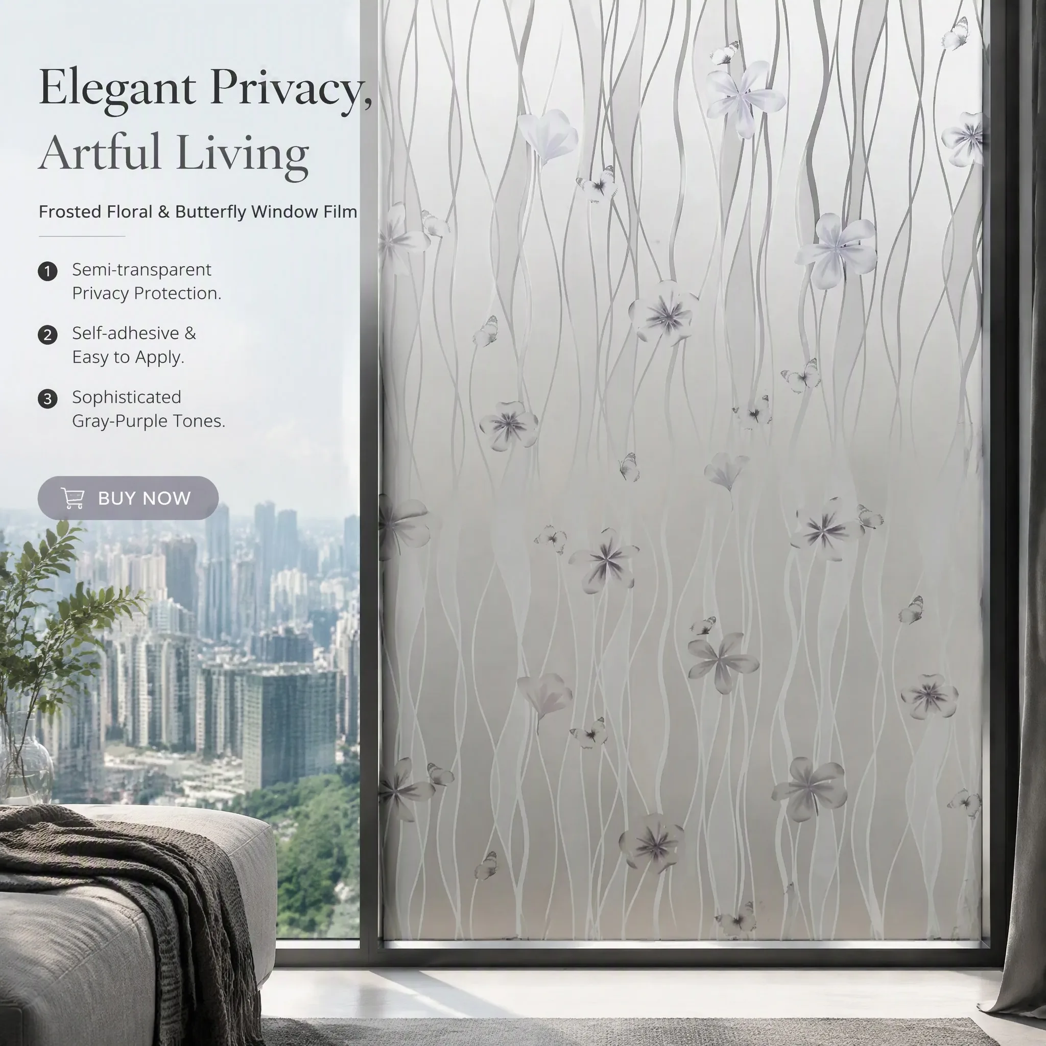 Floral Butterfly Self‑Stick Window Privacy Film Frosted Glass Decal Waterproof Anti‑UV Self‑Adhesive Window Cover for Home