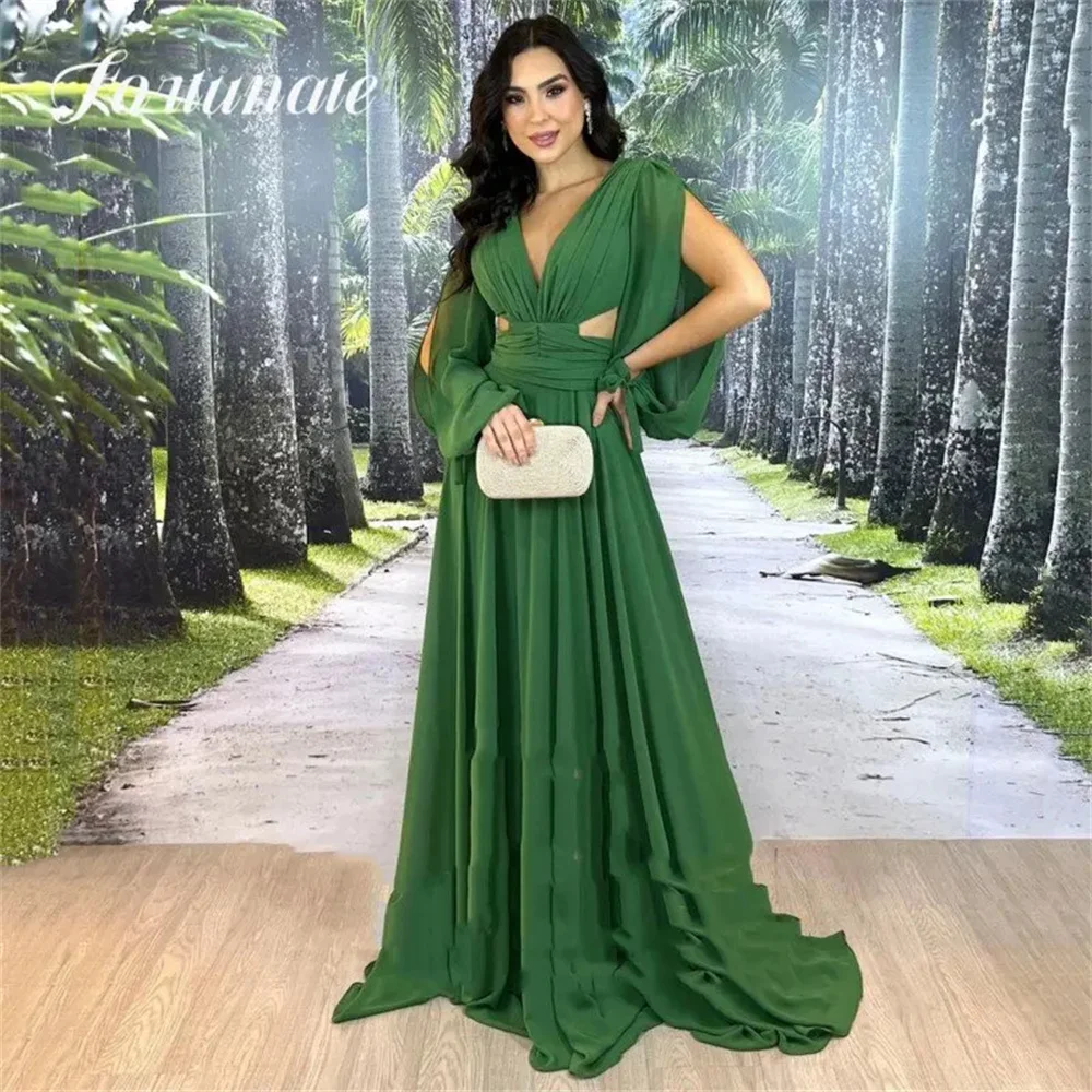 

Fortunate Elegnat Olive Green Chiffon Prom Dresses A-Line V-Neck Long Sleeve Backless Graduation Formal Occasion Party Gown 2024