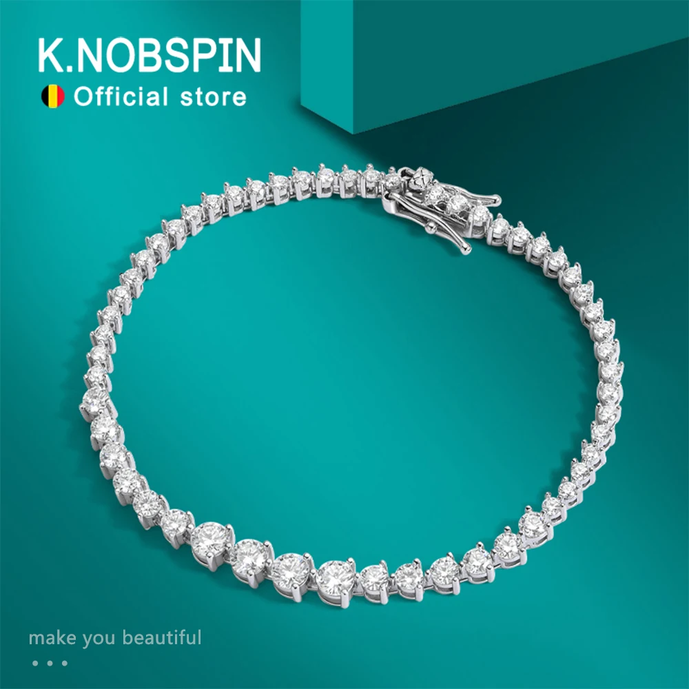 KNOBSPIN 925 Sterling Silver Graduated Moissanite Tennis Bracelet 3 Prong 2-3-4mm Stone Wedding Birthday Bracelet For Women Gift