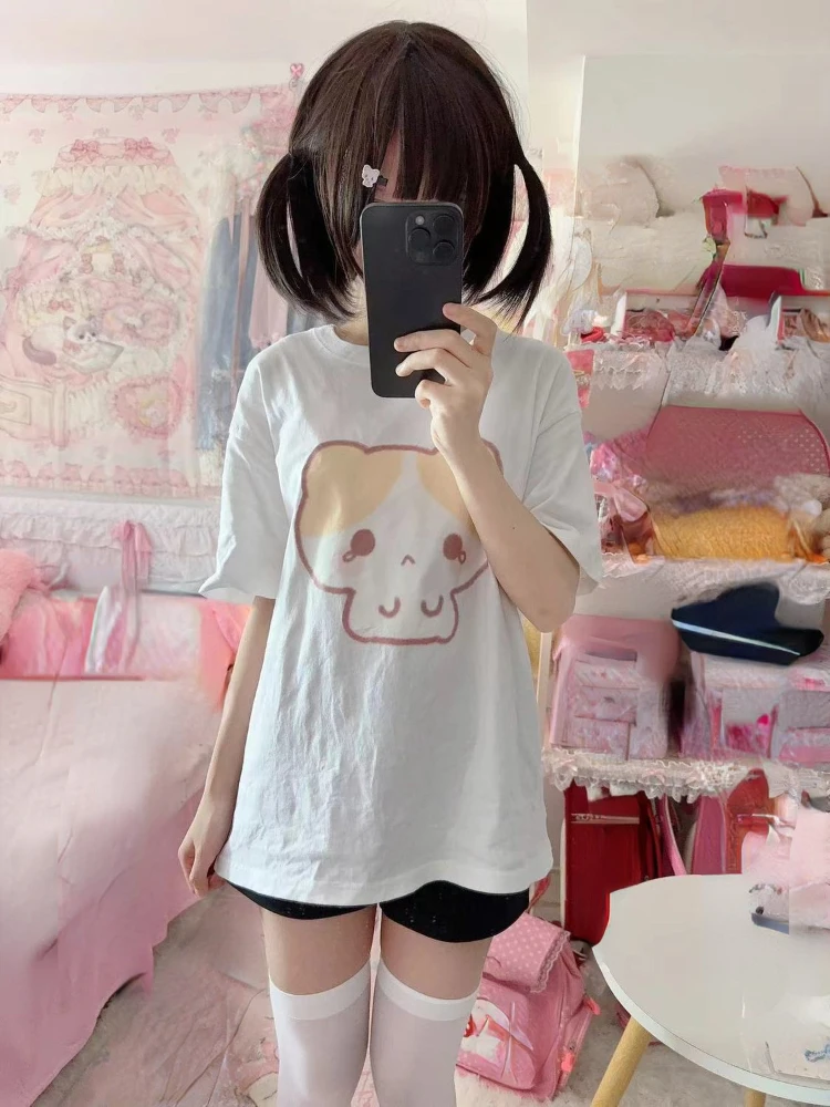 Y2k Aesthetic Summer White T-shirts 2024 Harajuku Short Sleeve Loose Oversize Tops Women Cartoon Cat Print Japanese Casual Tees