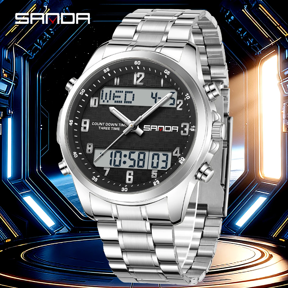 

SANDA Men's Electronic Watch Stainless Steel Strap Waterproof Calendar Luminous Multifunctional Digital Watches for Man