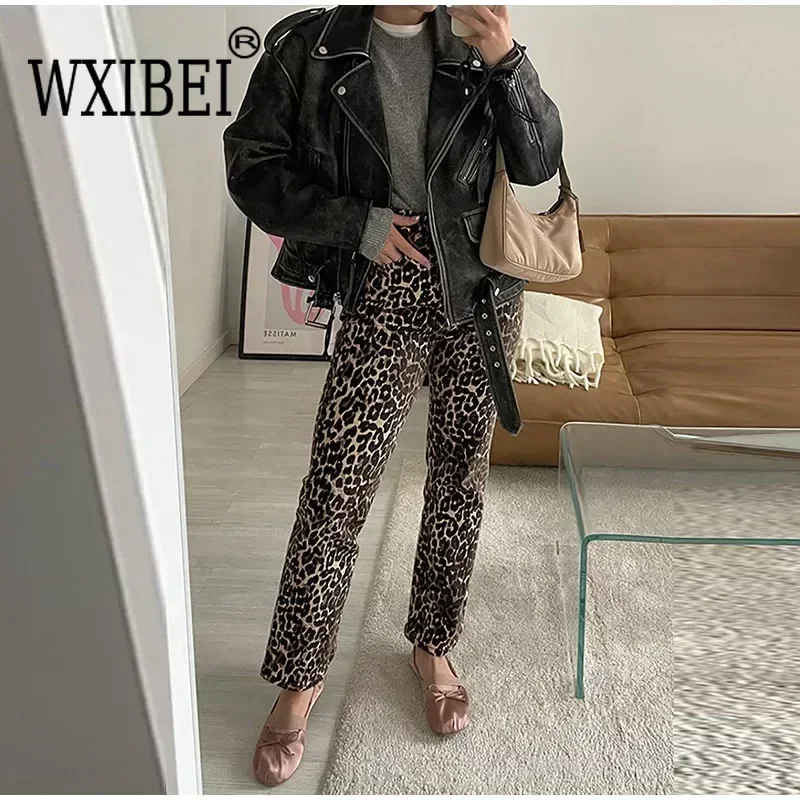 

WXIBEI Leopard Print Jeans Trousers Women Elegant Slim Button Zipper Pencil Pants 2024 Spring New Lady Clothes Outwear 03A028