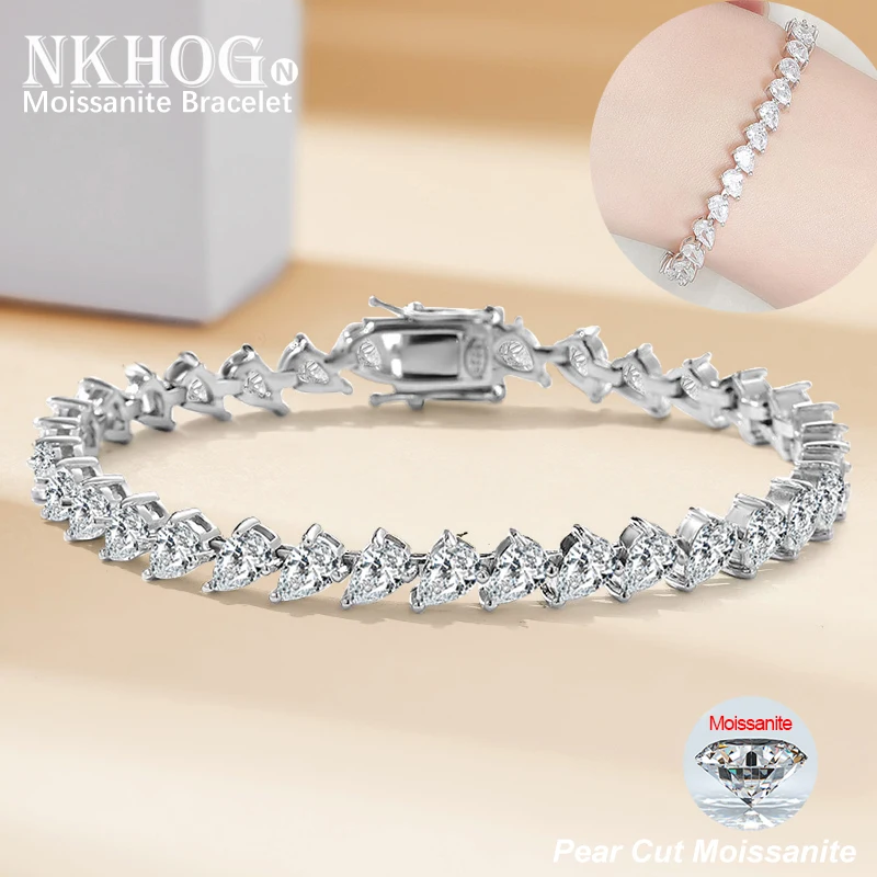 NKHOG 4x6mm Full Moissanite Pear Cut Tennis Bracelet Women S925 Silver Plated 18K Gold Water Drop Bangle Fine Jewelry Gifts GRA