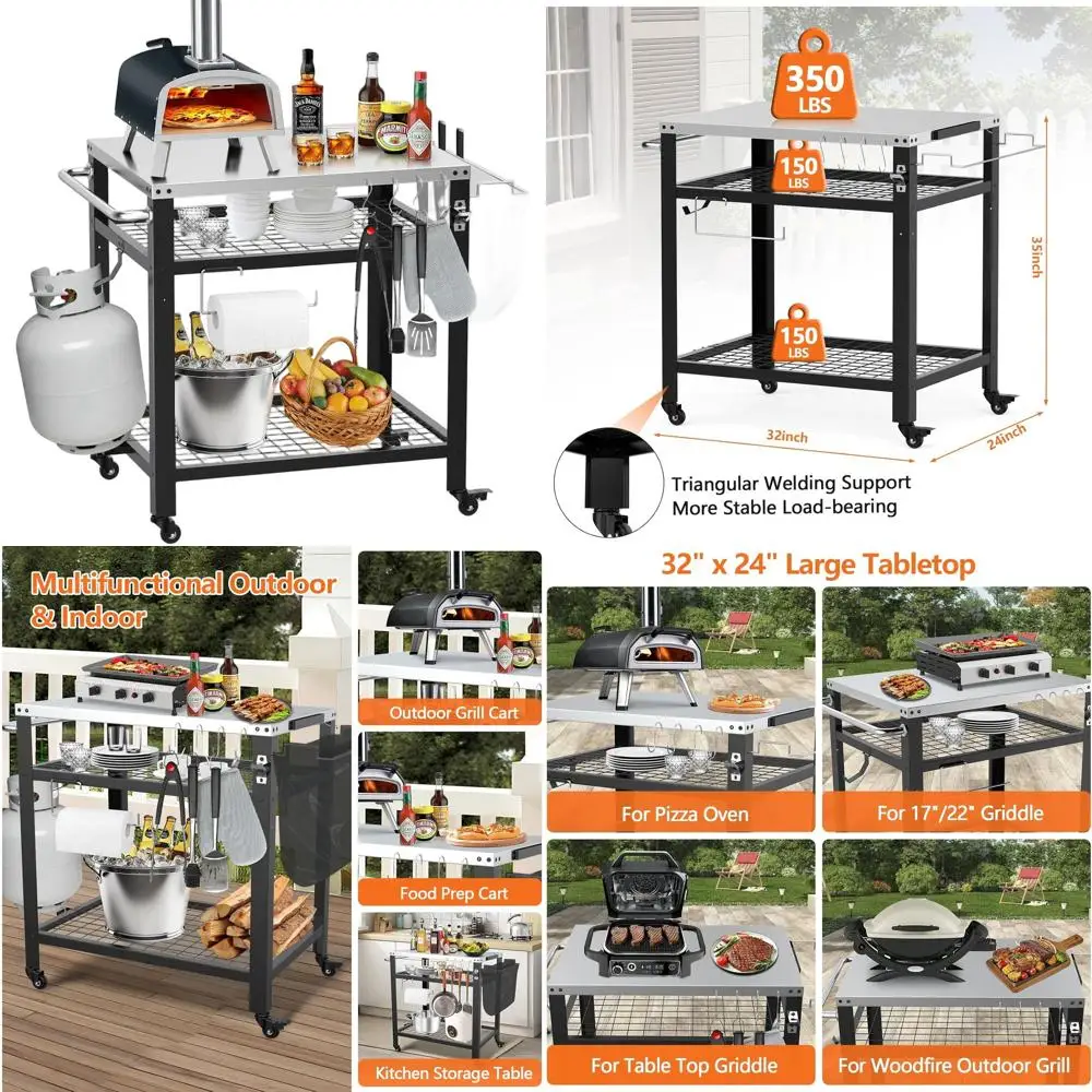 Stand Oven Pizza Ooni dengan Kapasitas 650 lbs, Troli Persiapan Tiga Rak, Troli Panggangan Luar Ruangan Beroda