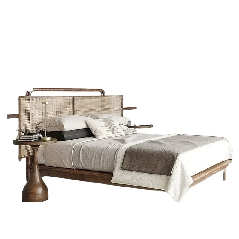 Wide bedside rattan bed walnut-colored Nordic solid wood bed designer high-end homestay wabi-sabi wind double bed
