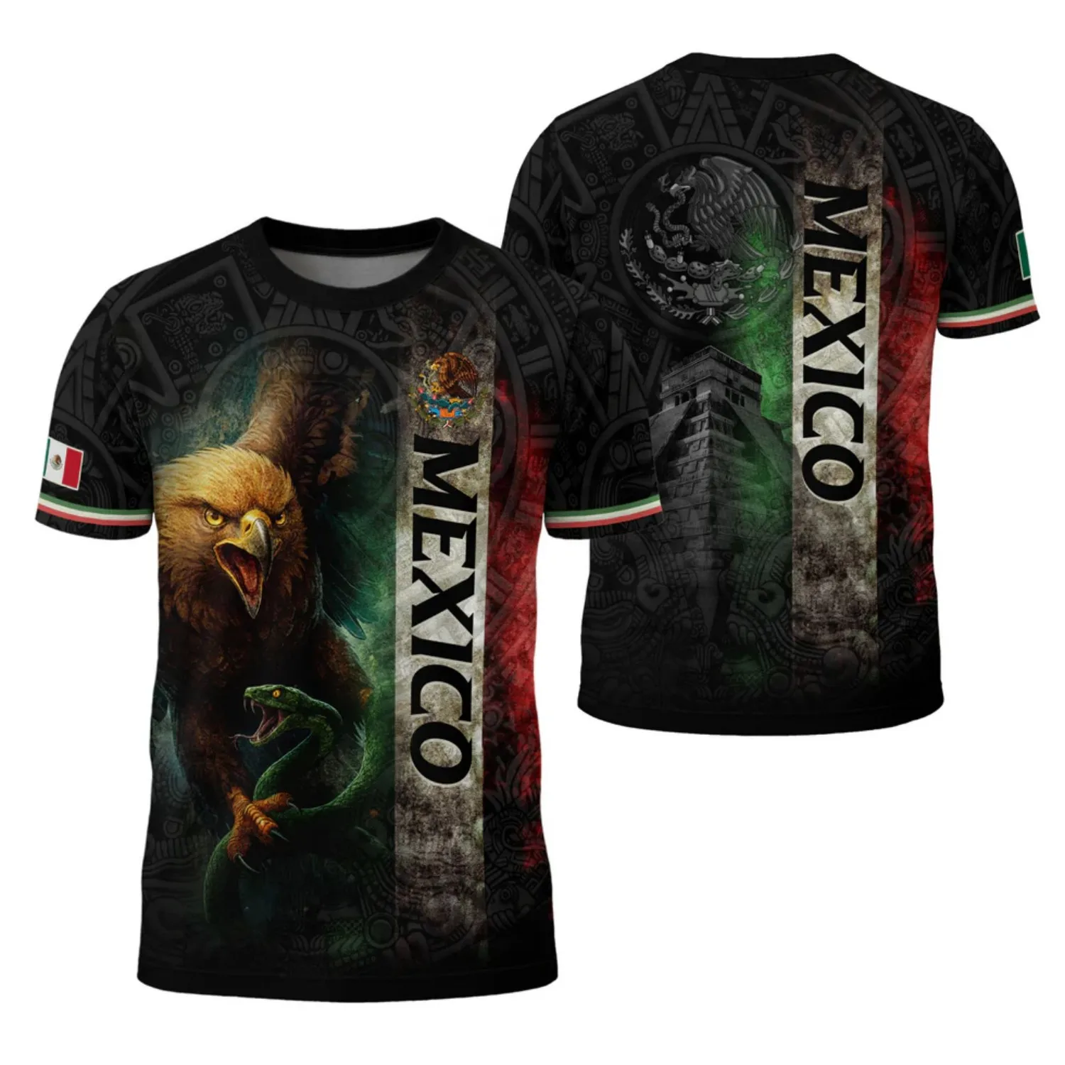 Mens Round Neck T Shirt Mexico Eagle Snake Graphic Short Sleeve Casual Top with Dark Mayan Pattern and Stadium Fan Style for Men