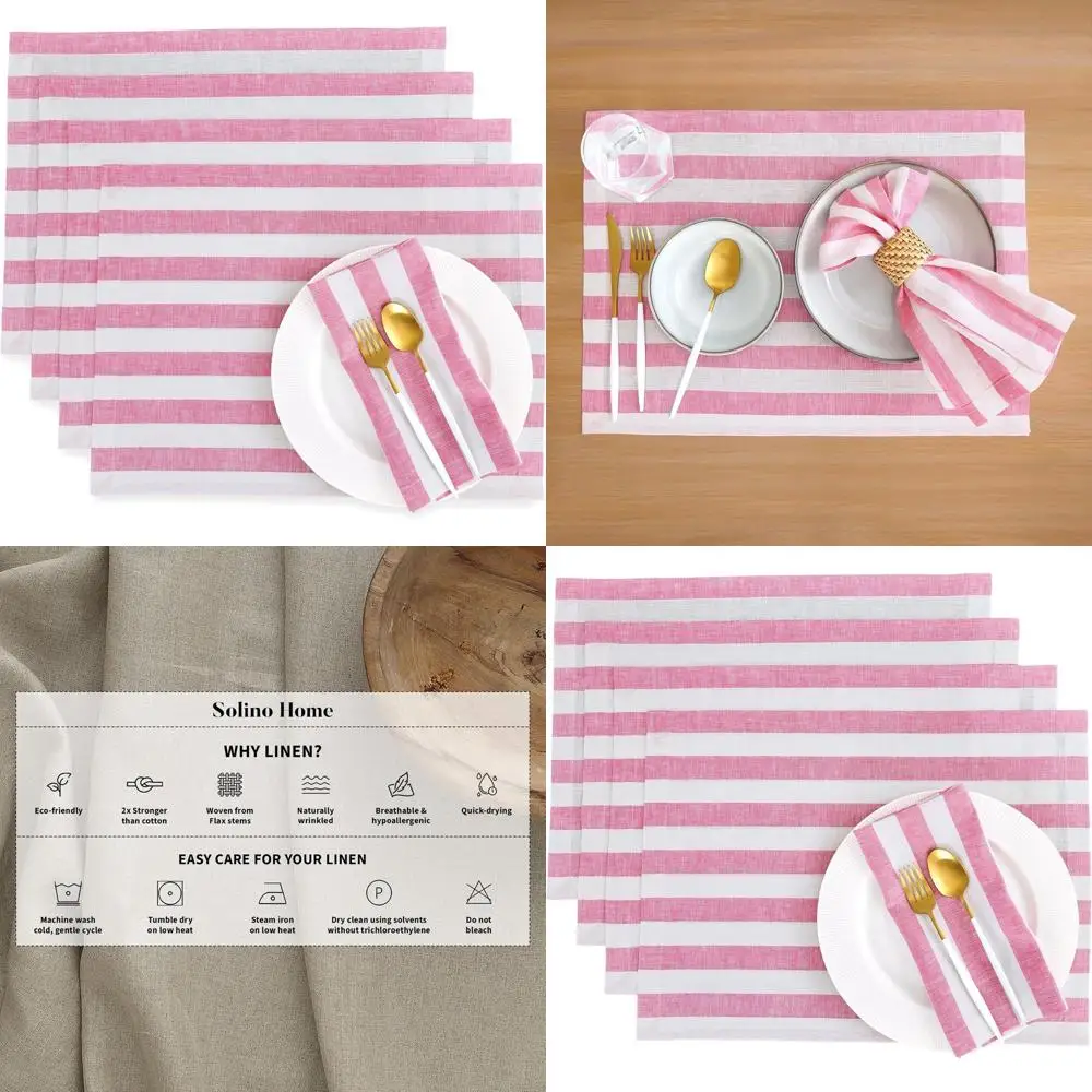 

Set of 4 Sorrento Stripe Linen Placemats - 100% Pure Chateau Rose & White, 14x19 Inches