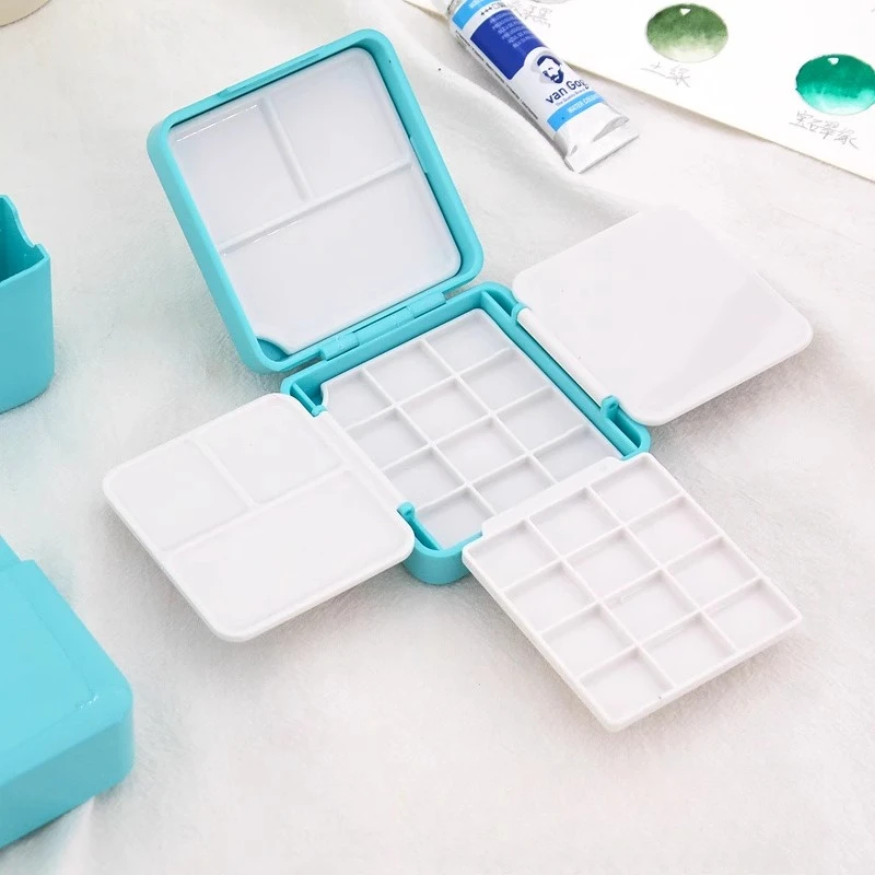 Portable Mini Watercolor Palette Box 24 Grids with Brush Washing Bucket Plastic Solid Watercolor Storage Box Traveling Paint Box