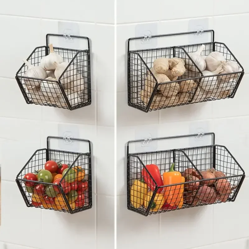 Wall Mounted Storage Rack Onion Ginger Garlic Vegetable Fruit Kitchen Waterproof Shelf Condiments Spice Punch-Free Drain Basket