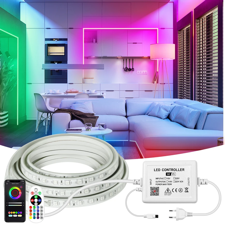 

Waterproof Smart RGB Led Strip Light 220V WiFi Bluetooth Remote Control 20M 30M 50M 100M Flexible RGB Led Tape Outdoor Lighting