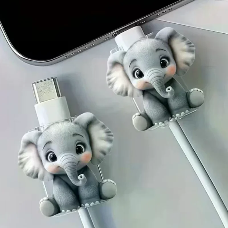 2pcs 2D Flat Cute Elephant Data Cable Protector Break-Proof Cable Bite Phone Accessory