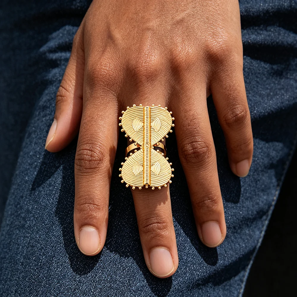 Afrikanisches Dubai Vergoldetes Doppelherz-Ohrhänger-Set & Verstellbarer Statement-Ring Schmuckset Hochzeit Party Schmuck Geschenk – Detail 4