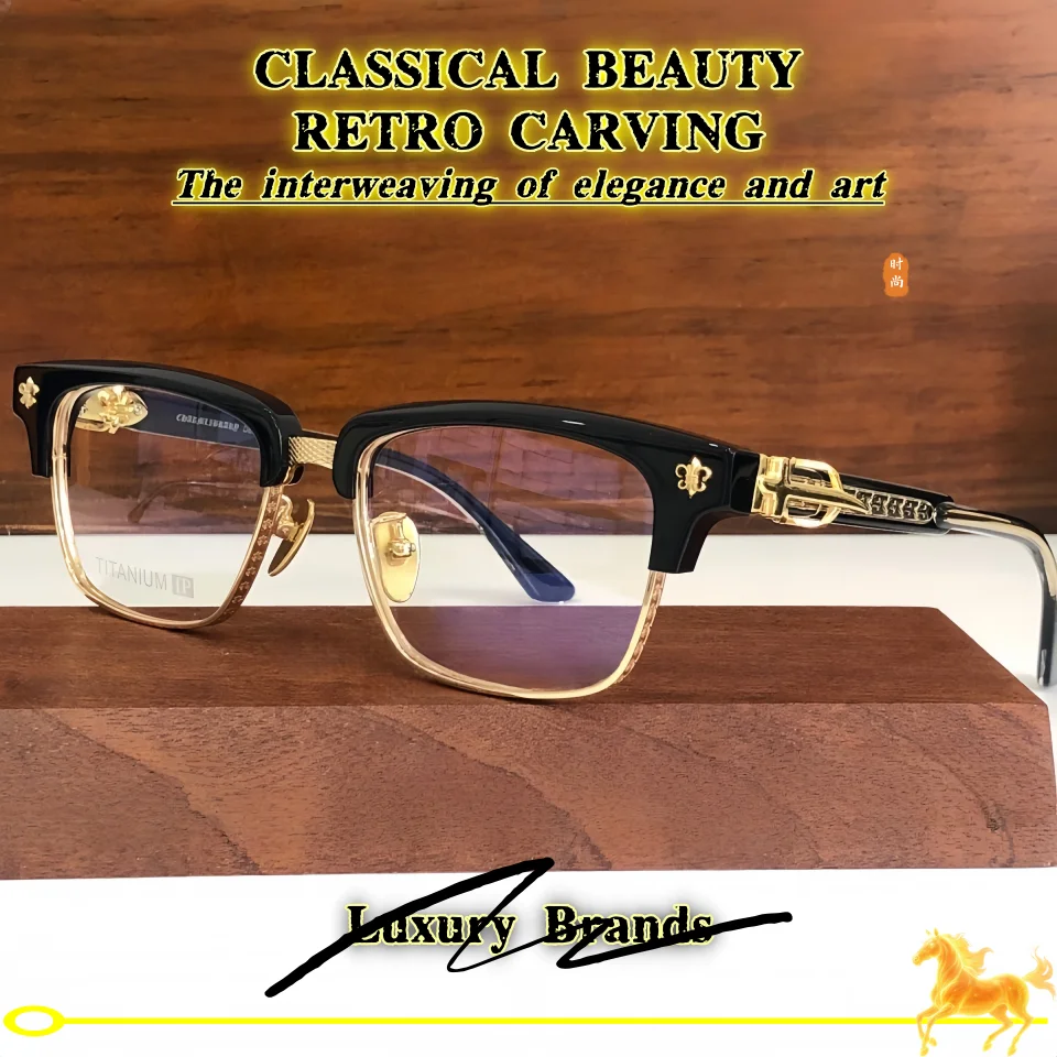 

Fashion High end Brand Design Classic Half Frame Men's Luxury Glasses Titanium Retro Carving Decoration Women's Acetate Eyeglass