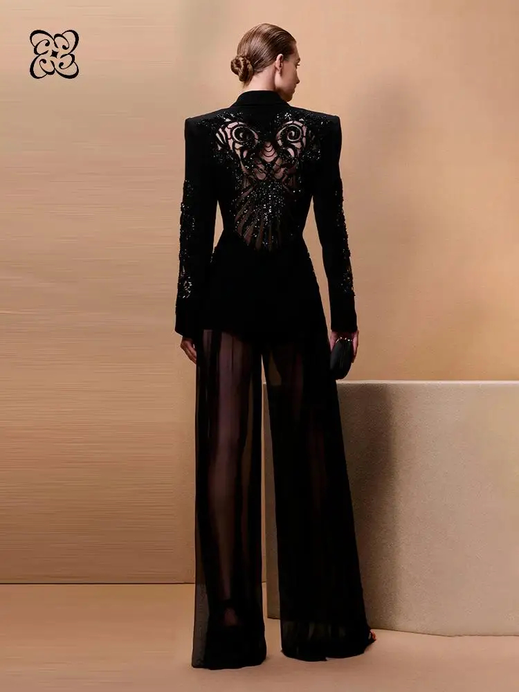 2026 Black Lace Beaded Blazer & Sheer Mesh Wide Leg Pants Two Piece Set Sequined Floral Embellished Satin Suit for Evening Party