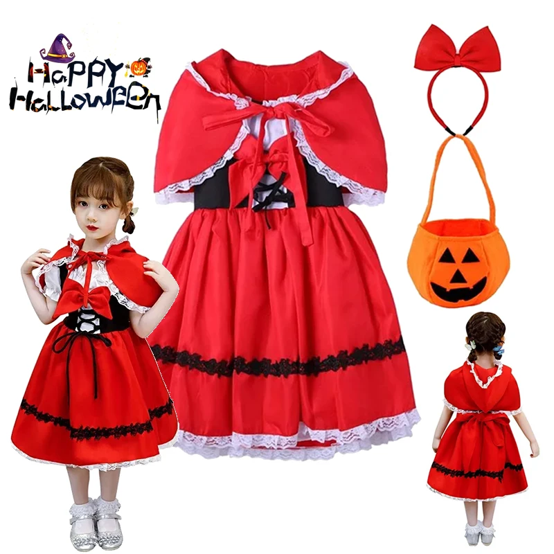 Little Girls Little Red Riding Hood Halloween Outfit Lace Dress Cosplay for Carnival Birthday Party Theme Performance Dress‑Up