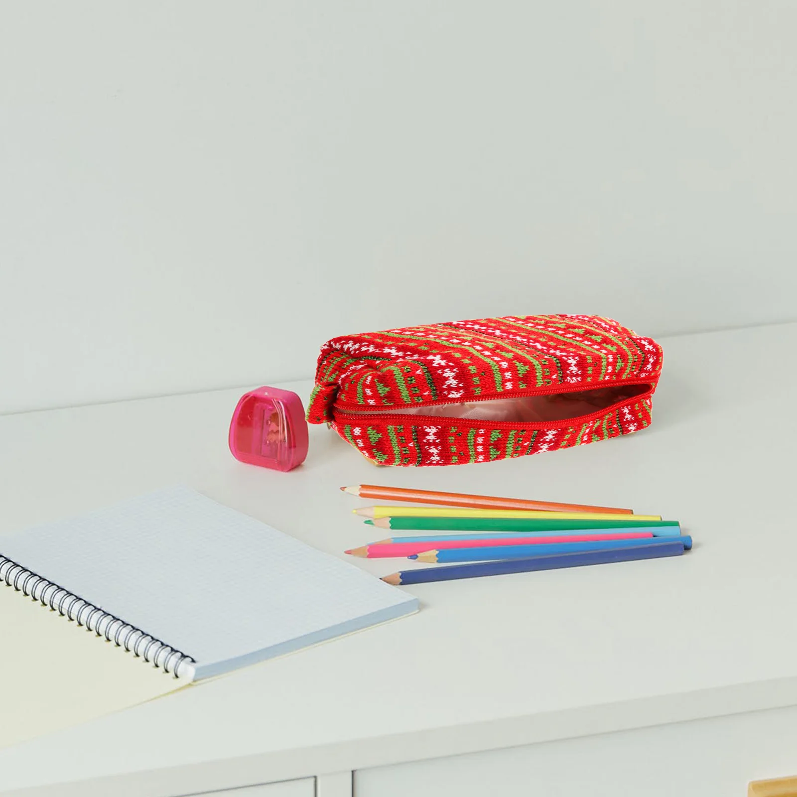 

Knitted Pencil Case Large Capacity Makeup Bag Red Green Stripes Stationery Travel Toiletry Storage Solution New Year Gift