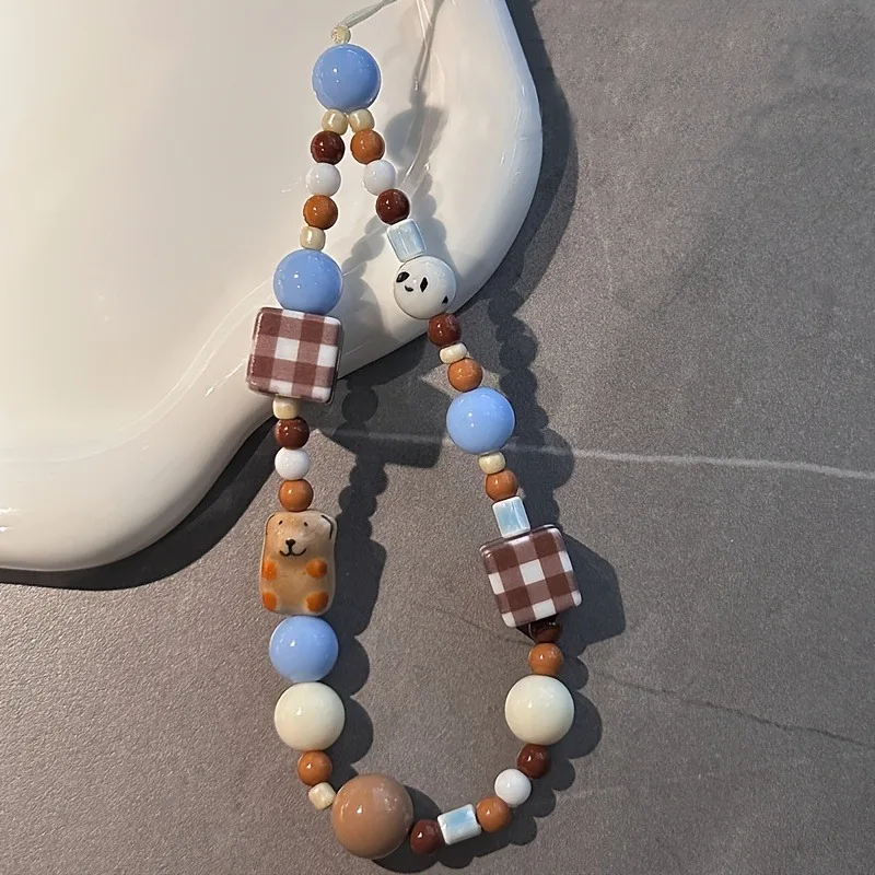 Korea Cute Brown Puppy Grid Block Blue Bead Beaded Phone Chain Charm Lanyard For iPhone 16 Samsung Universal Accessories Jewelry