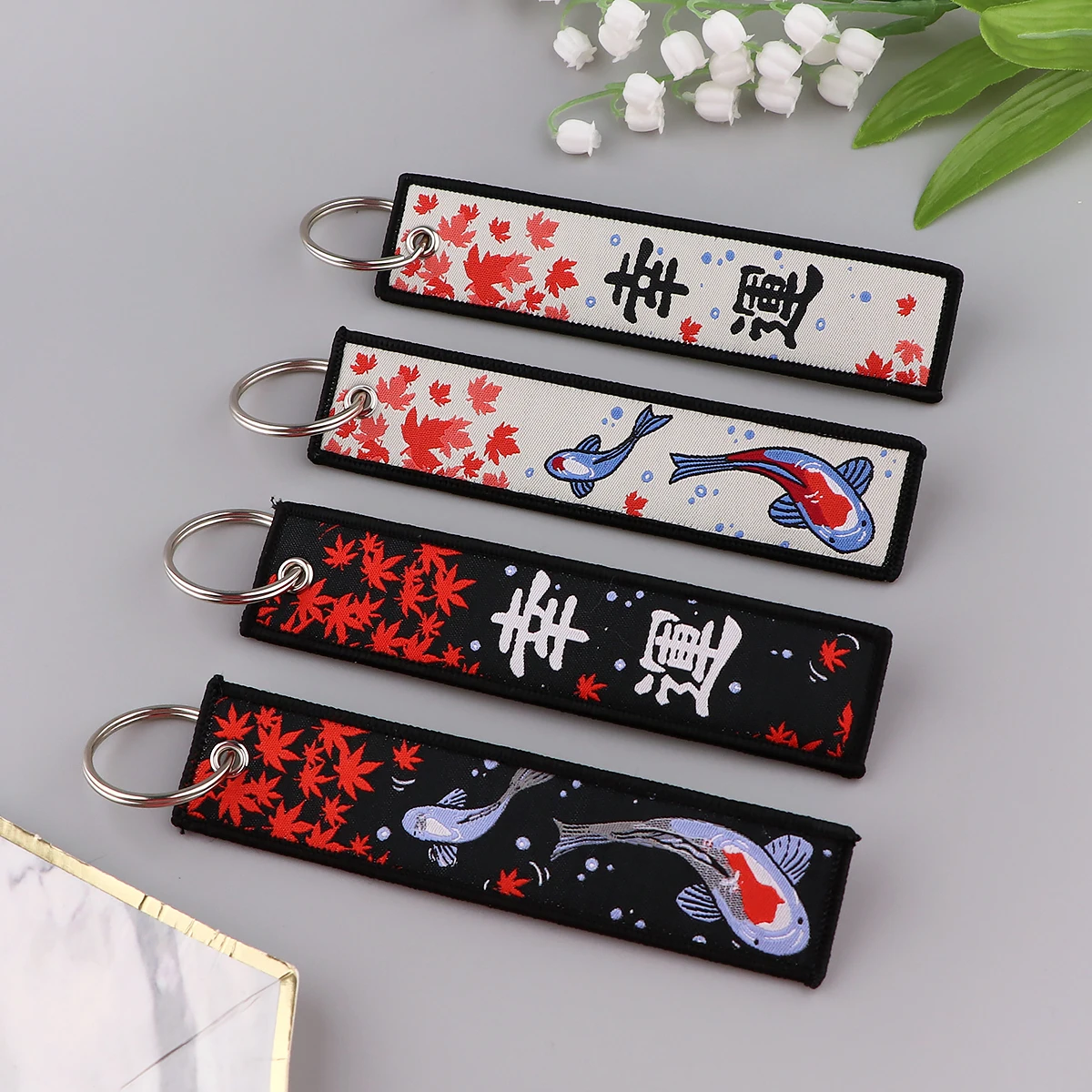 Embroidered Koi Cute Key Tag Keychains Women Anime Keychain for Car Motorcycles Keys Keyring Men Holder Jewelry Gifts