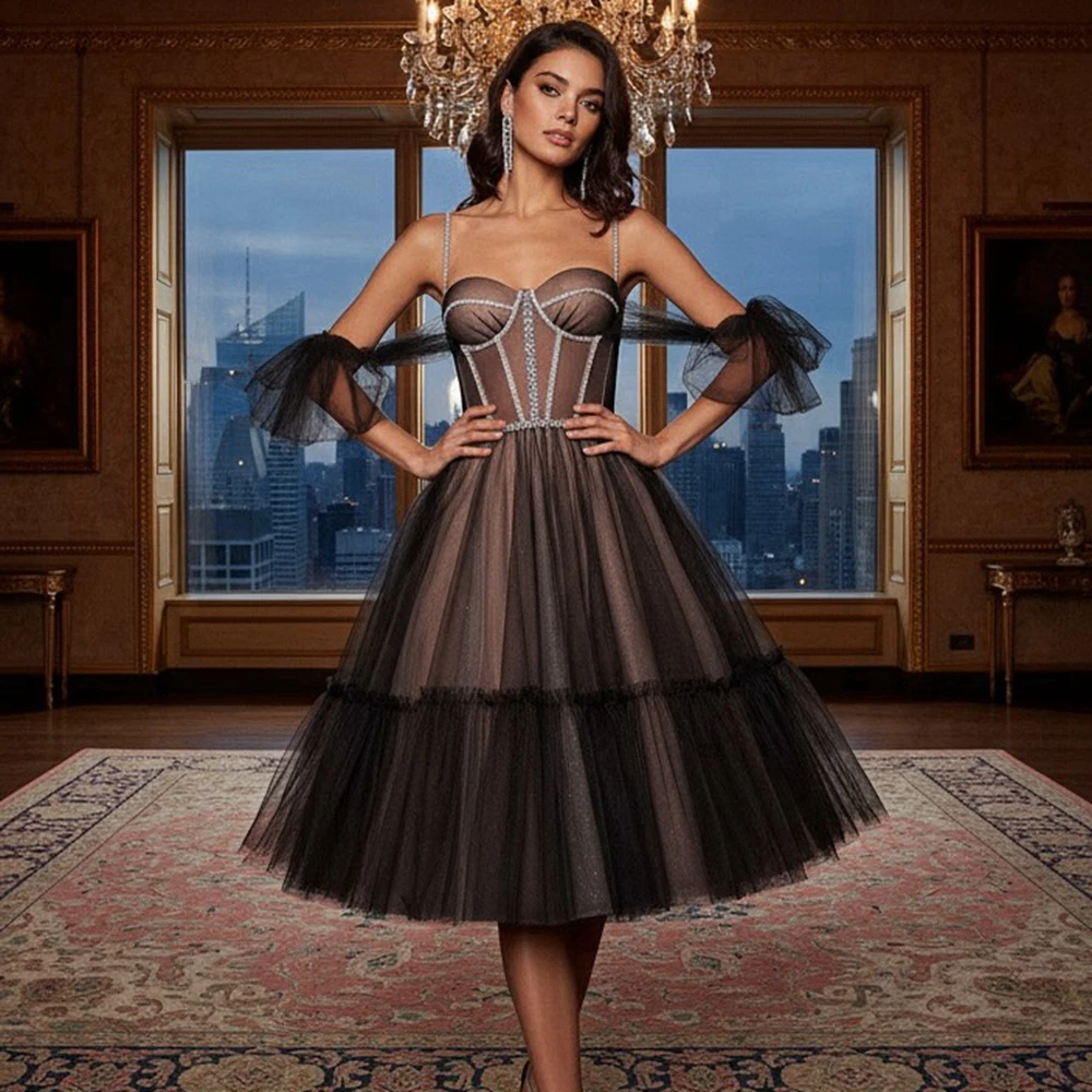 

New Arrival Tulle Midi Evening Dress with Rhinestone Unique Mesh Ruffles A-Line Short Prom Gown for Party Formal Events Gown