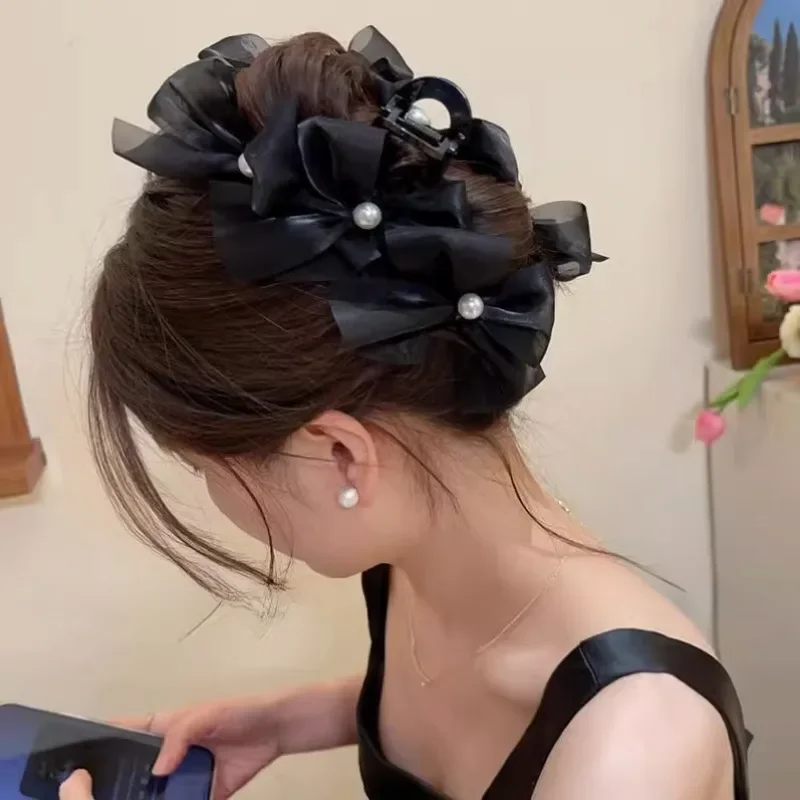 Bowknot Hair Claw Clips Lace Mesh Bow Solid Color Hair Clips for Women Korean Girls Pearl Barrettes Clip Sweet Hair Accessories