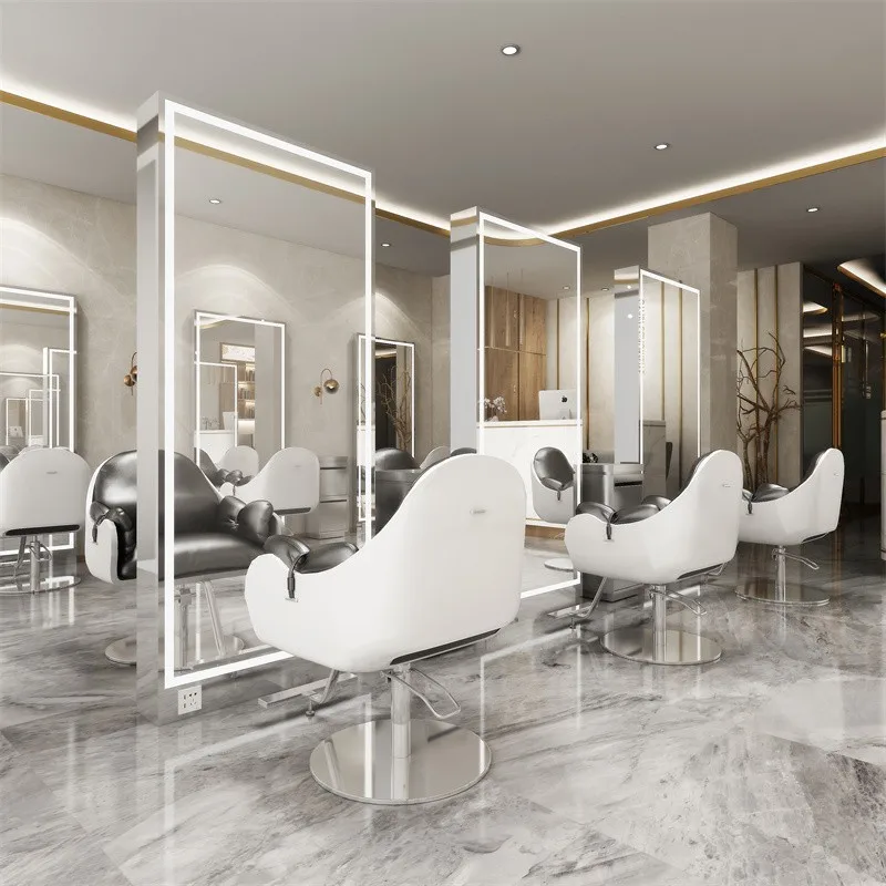 

Hair Salon Furniture Barber Station Double Sided Mirror Salon Styling Station With Led Lights