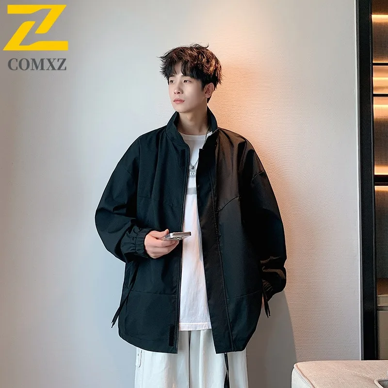 

COMXZ 2025 Мужская однотонная повседневная куртка в американском стиле, осень-зима, простая рабочая одежда, модное свободное пальто с воротником-стойкой