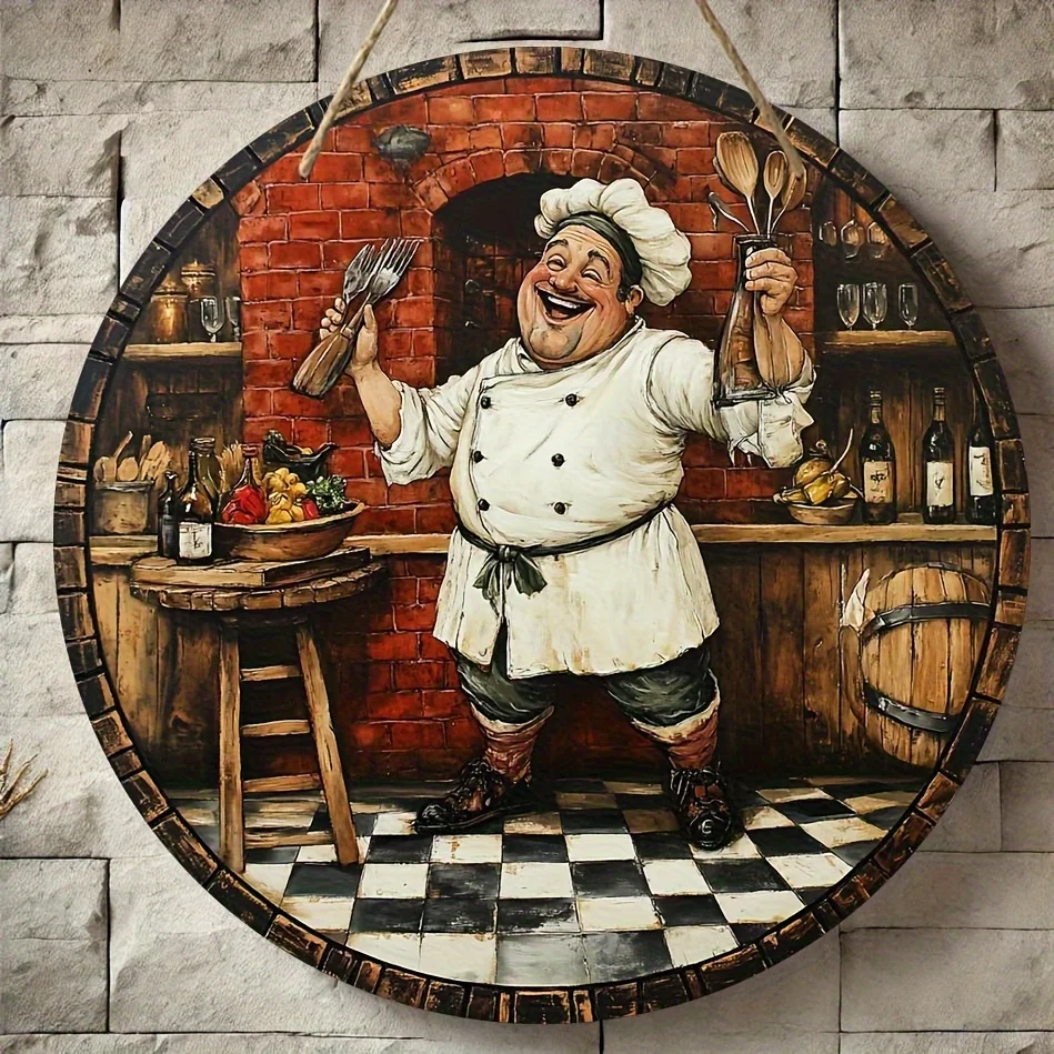 Decoración de pared circular 2D plana, única, con temática de chef, de madera, adecuada para decoración de estilo rural en casas, bares o cafeterías.