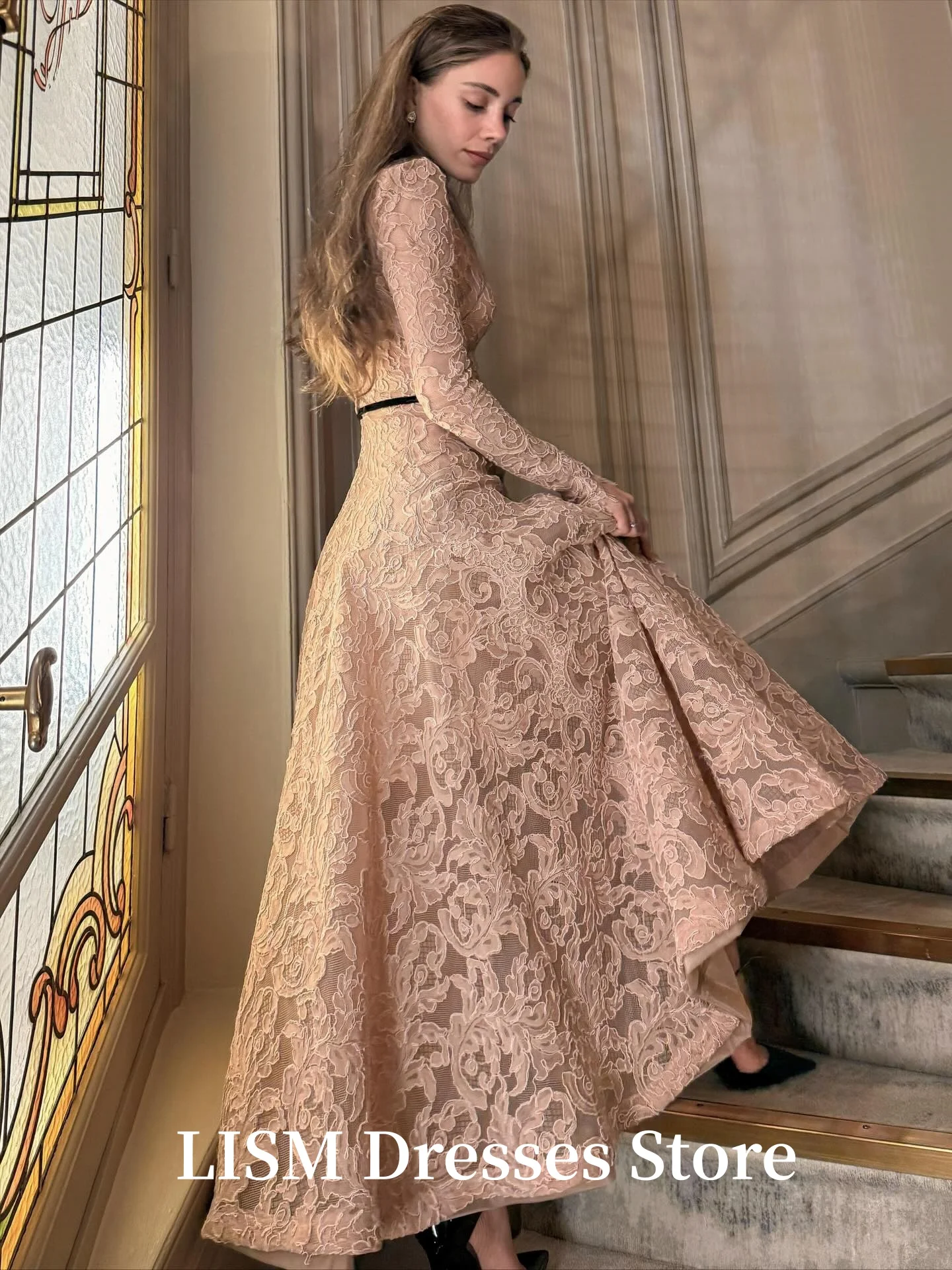 LISM O-Neck Pink Evening Dresses Princess Full Sleeves A-Line Silk Lace Customized Long Prom Gowns For Women Party Dresses