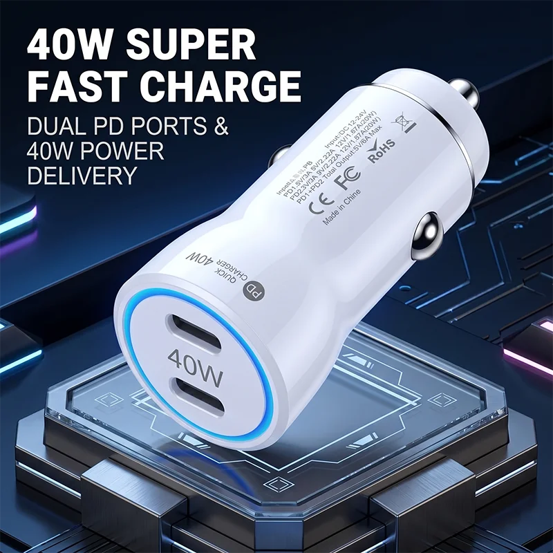 Fast Charging 40W Dual Port PD Car Charger Adapter With Safe Stable Current Output And PC Shell Works With Phones And Tablets