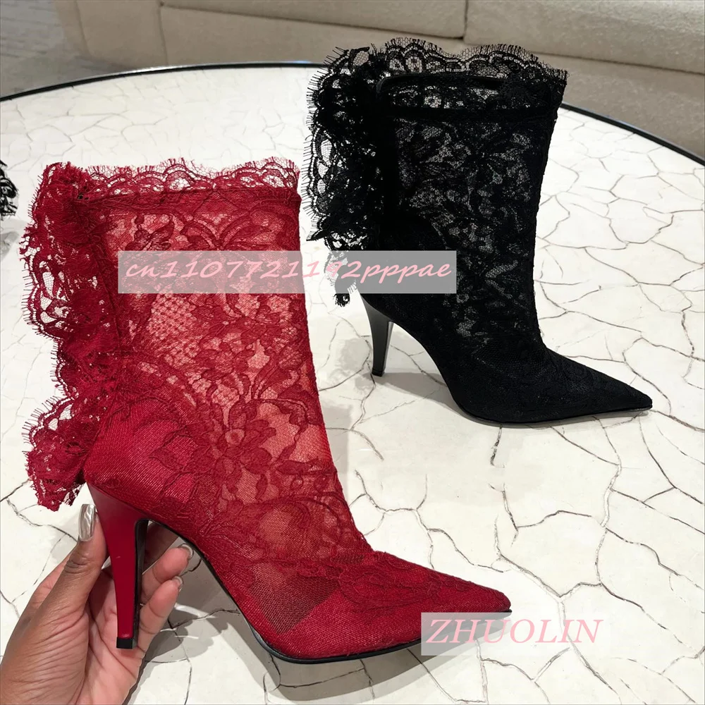 

Women'S Black Red Lace Embroidered Nude Boots Pointed Toe Stiletto Heel Luxury Wedding Boots Autumn Trend Slip-On Party Boots