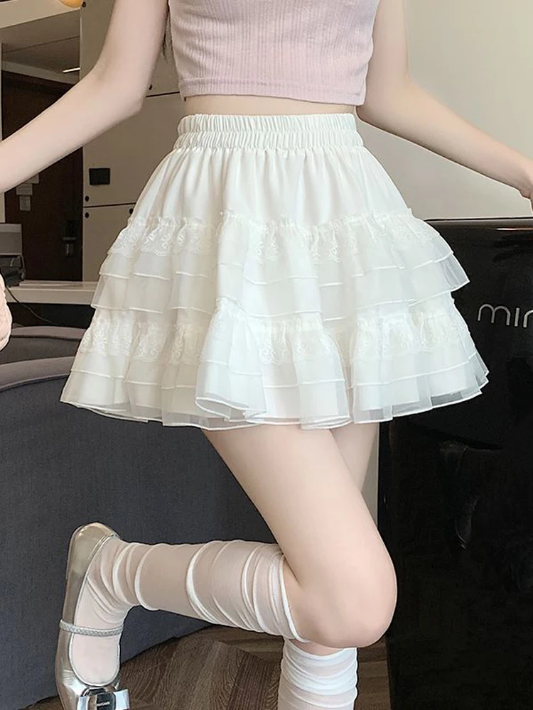 

Cake Mesh Pleated Women's Skirt Elasticity High Waist A- Shaped Slim Lace Skirt Lady Summer 2024 New Small Waist Femme Y2k