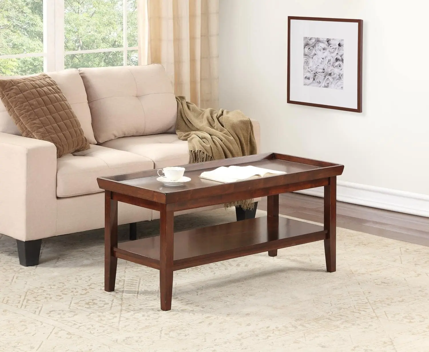 Coffee Table with Shelf Solid Rubberwood Construction Raised Tray Like Edges Tapered Legs with Clean Lines