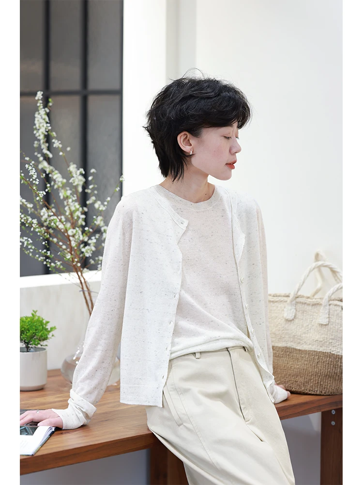 

Легкий мягкий шерстяной льняной вязаный кардиган, жилет, женский комплект из двух предметов, весна-лето, простой круглый топ, повседневный комплект