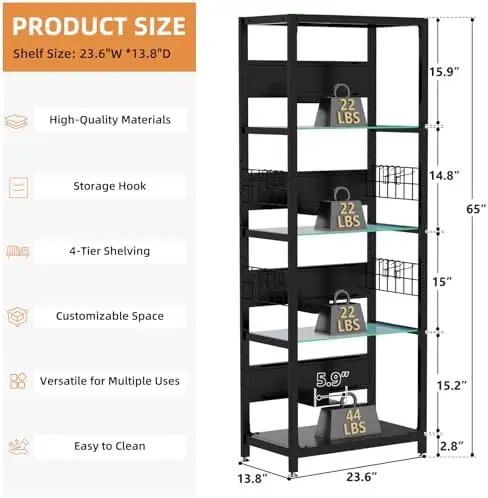 65" Tall Display Case with LED Lights, Corner Display Cabinet with Glass Storage Shelves and Hooks, Industrial 4-Tier view 2