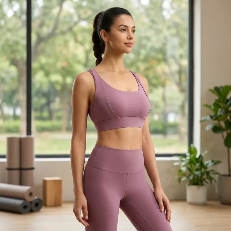 Stylish Back Design Women Double Strap High Intensity Yoga Vest Sport Three Rows Buckles Bra with Padded Built-in Bra Crop Top