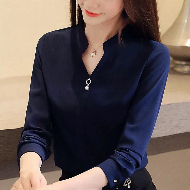 Women\'s V-Neck Chiffon Blouses, Blue Shirt, Loose Beading Tops, Elegant Clothes, Solid, Fashion, Spring, 2412