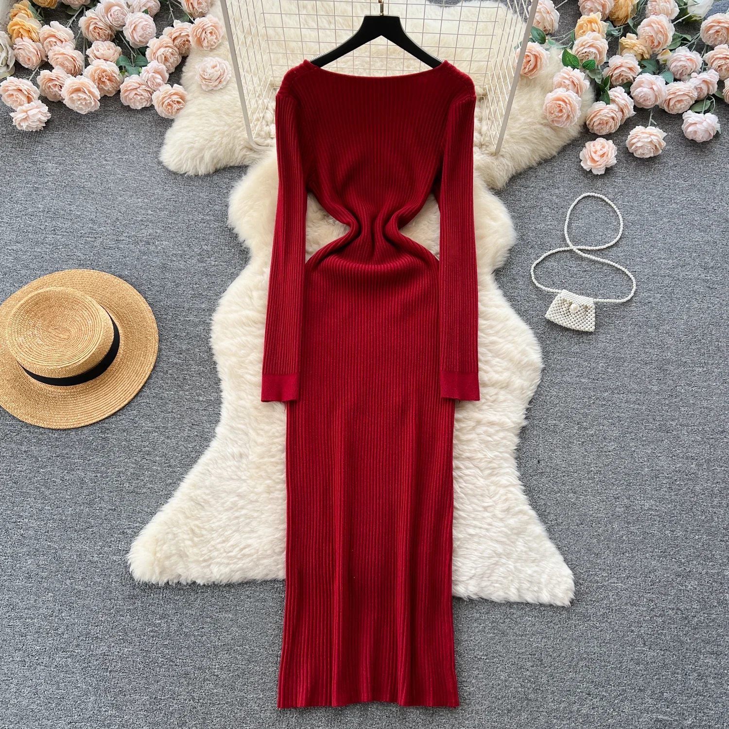 Women Soft Elegant Solid O Neck Long Sleeve Double Breasted Bodycon Dress Sexy Fashion Knit Elastic Slim Hip Wrap Sweater Dress
