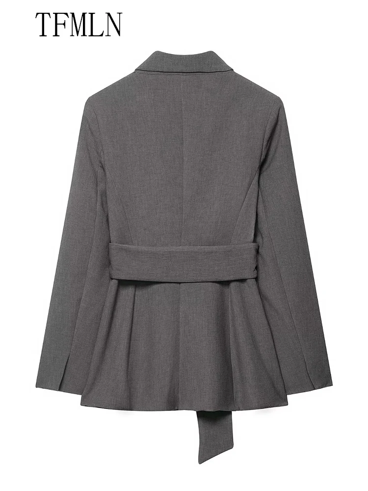 جديد 2025 الخريف المرأة السترة معاطف مع حزام موضة محززة كم طويل شيك سترات كاجوال مكتب سيدة الصلبة أبلى القمم